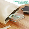 A clear, foldable tablet and phone stand is shown inside a light-colored, compact carrying case.