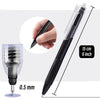 A black fine point ballpoint pen with a 15 cm length and a 0.5 mm tip is shown alongside a hand for scale.