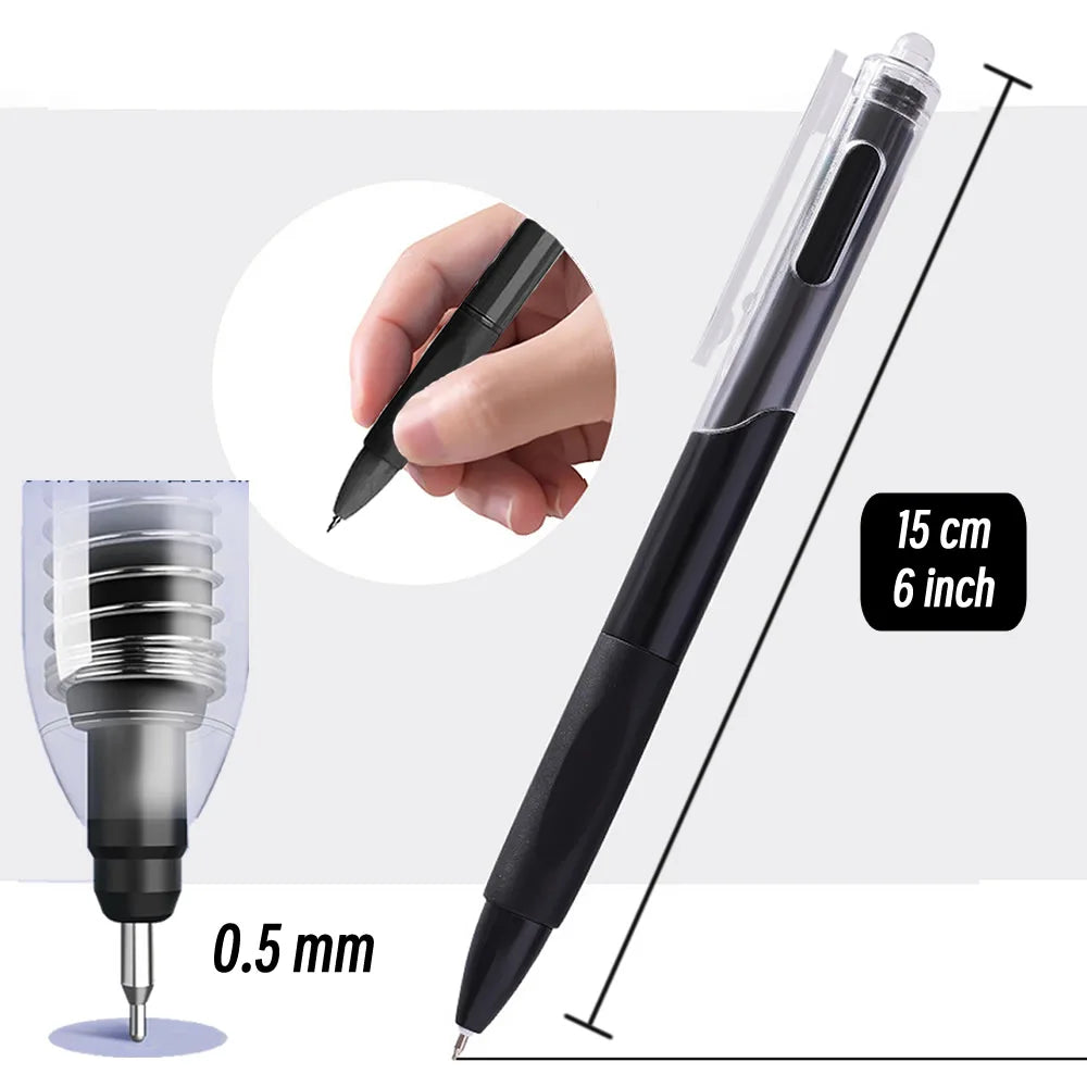 A black fine point ballpoint pen with a 15 cm length and a 0.5 mm tip is shown alongside a hand for scale.