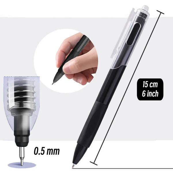 A black fine point ballpoint pen with a 15 cm length and a 0.5 mm tip is shown alongside a hand for scale.