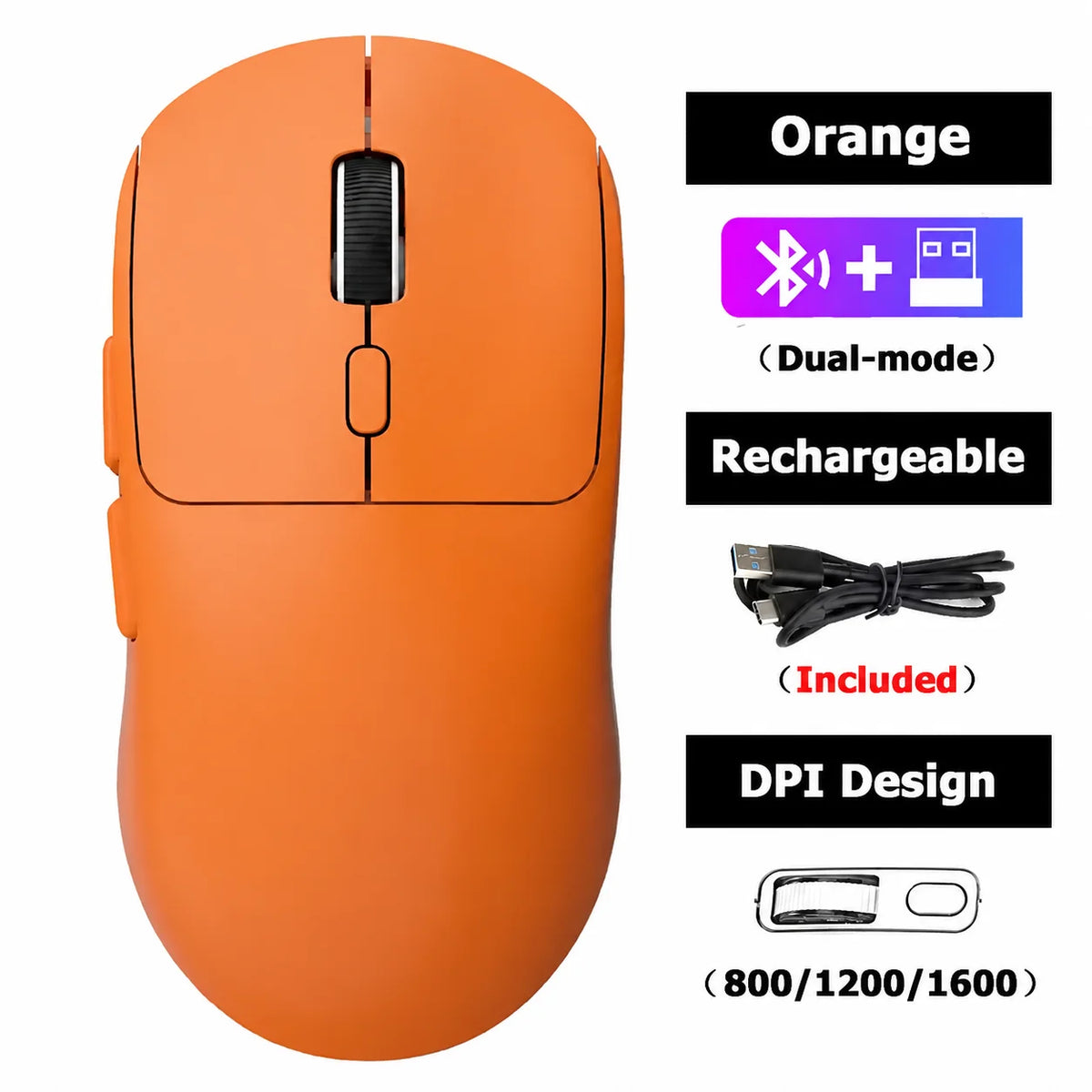 Souris informatique rechargeable orange dual-mode avec réglages DPI 800/1200/1600