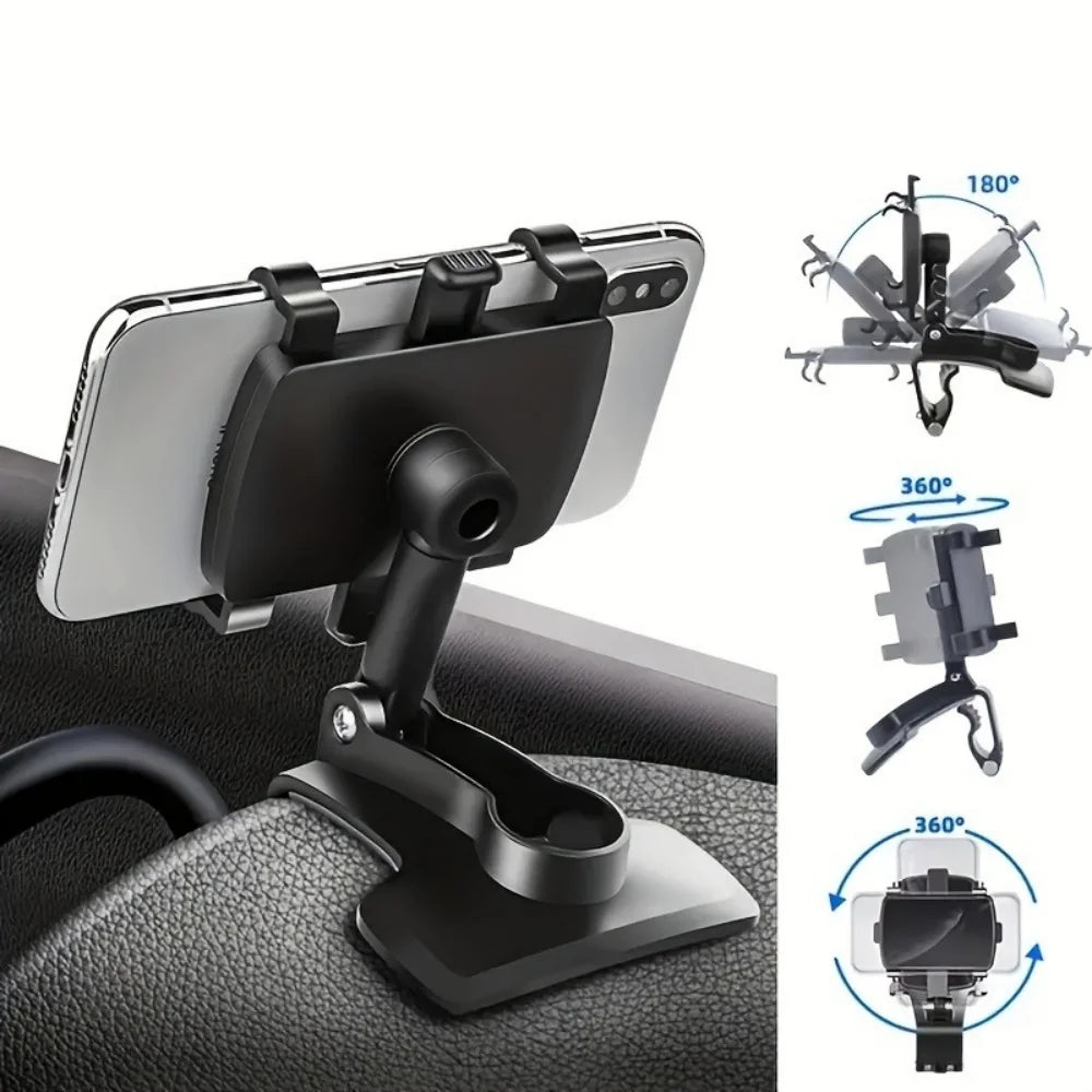 A black universal car phone mount is shown attached to a car seat, with diagrams illustrating 180 and 360 degree mounting ang