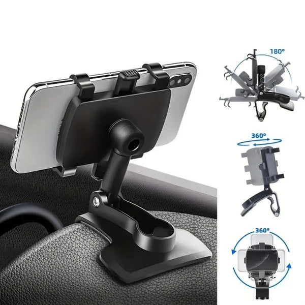 Support universel noir pour téléphone dans la voiture, avec schémas de montage à 180 et 360 degrés