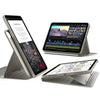 A magnetic folio case for an iPad Air shown in three views, including a stand and a folded display.