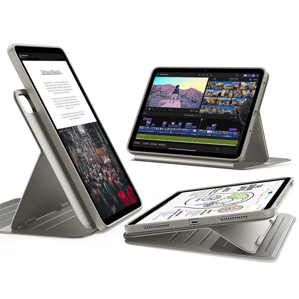 A magnetic folio case for an iPad Air shown in three views, including a stand and a folded display.