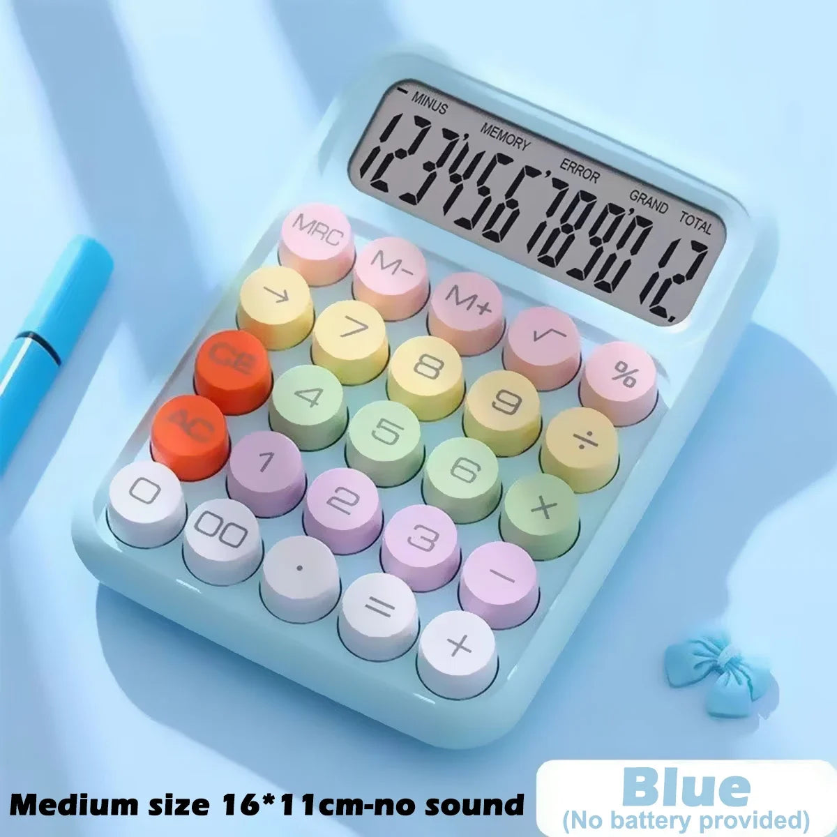 Blue candy color 12-digit desktop calculator with mechanical keys shown on a light blue background