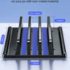 A black non-metal 3-slot vertical laptop stand organizer shown with dimensions and scratch protection features.