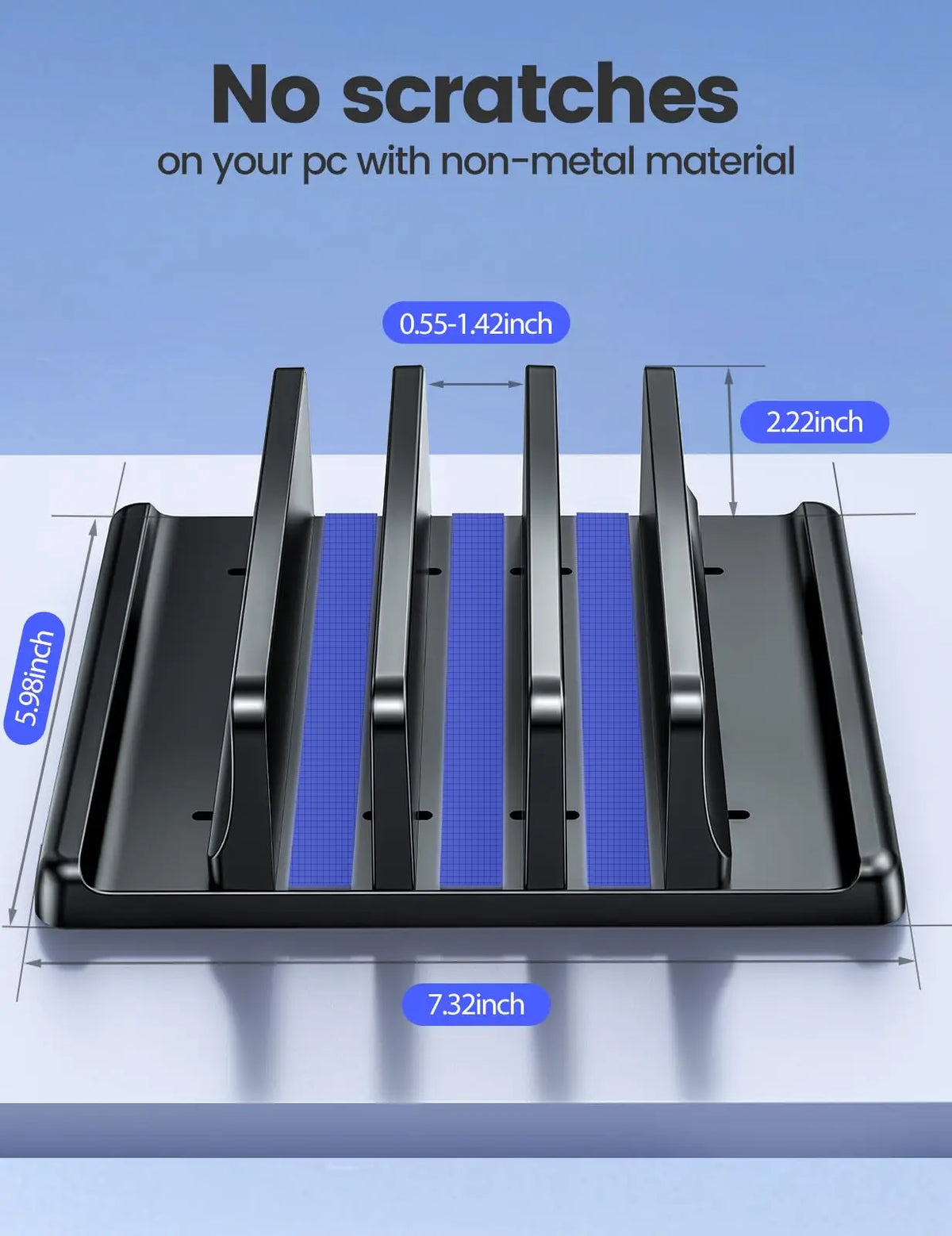 A black non-metal 3-slot vertical laptop stand organizer shown with dimensions and scratch protection features.