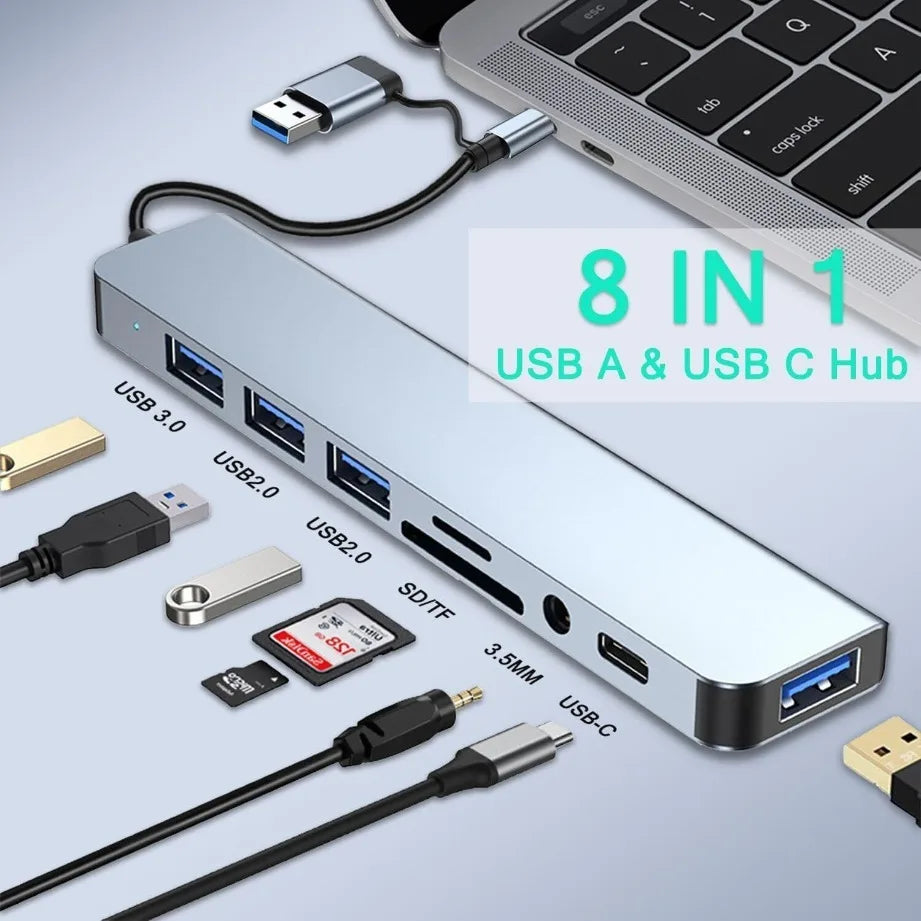 A silver 8-in-1 USB A and USB C hub featuring multiple ports, including SD/TF card reader and audio jack.