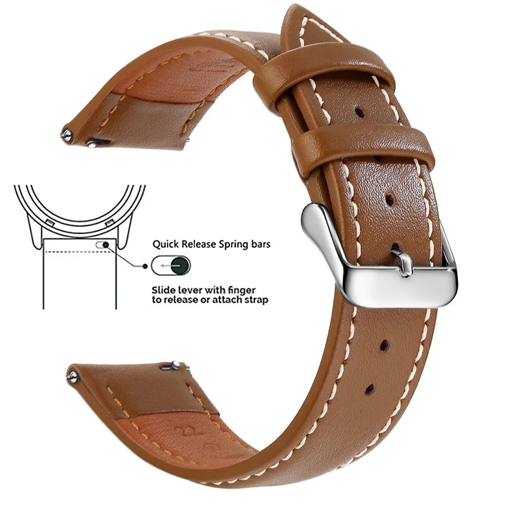 A brown genuine leather watch band featuring quick release spring bars and a slide lever for easy strap attachment.