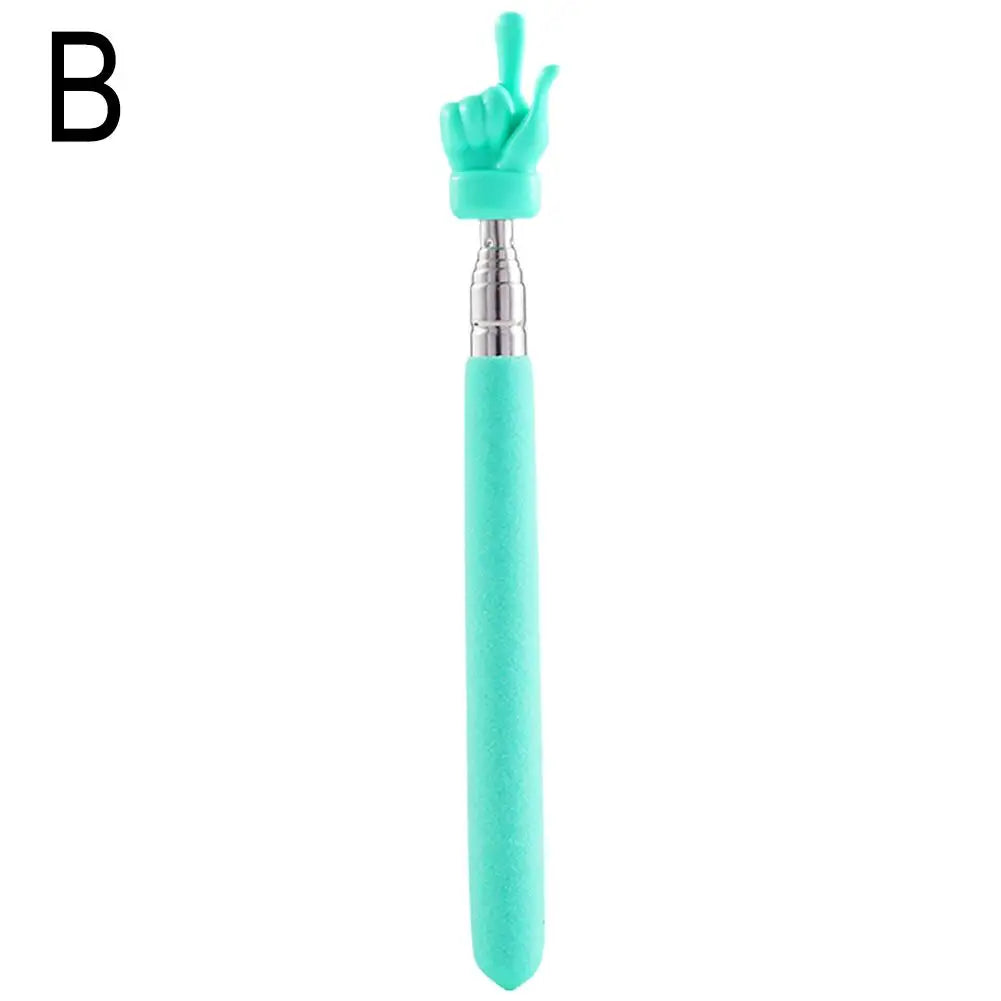 A teal retractable hand pointer stick with a silver tip and green grip.