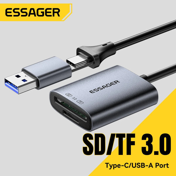 An Essager SD/TF 3.0 Type-C/USB-A port adapter and cable for reading memory cards.