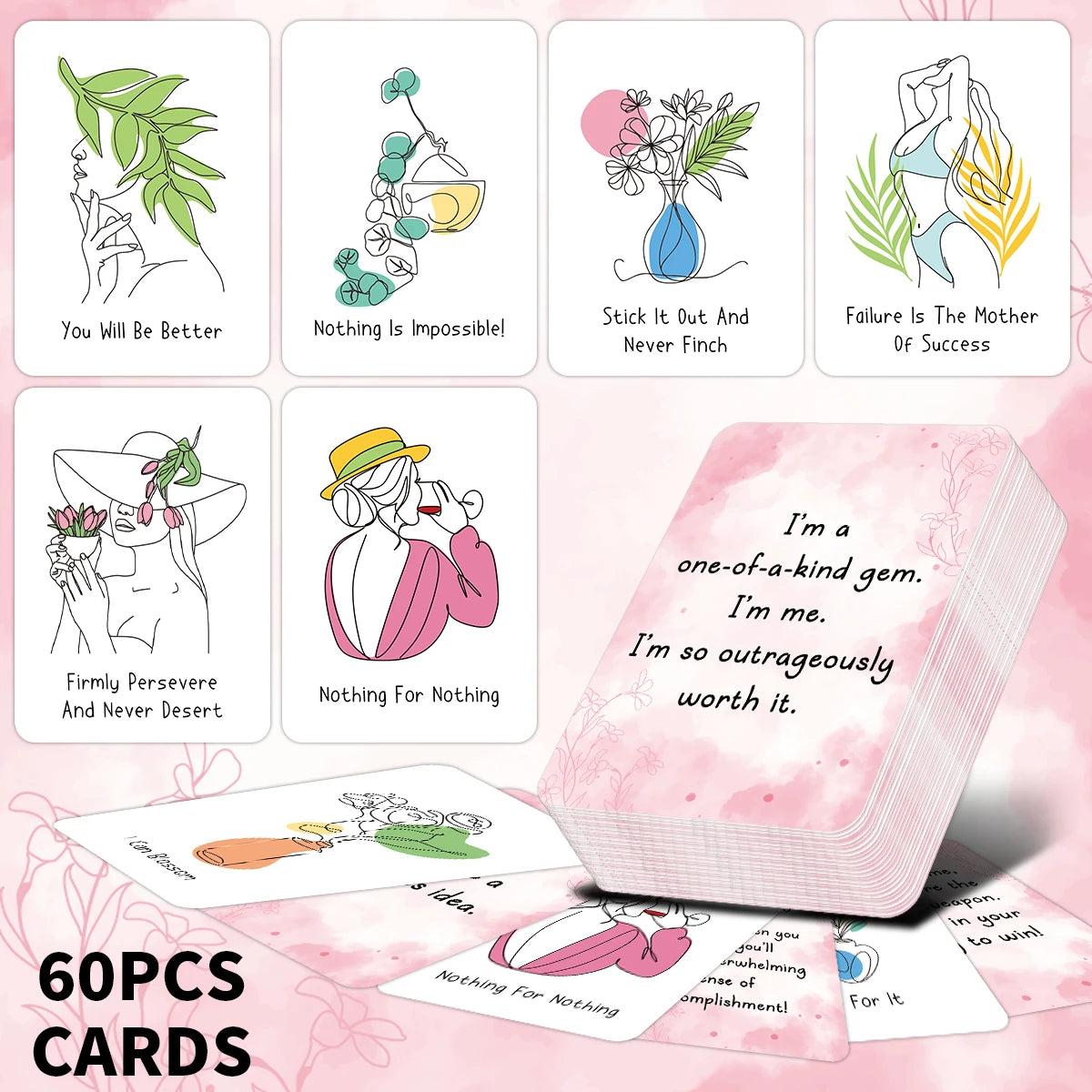 A set of 60 affirmation cards featuring positive phrases and illustrations for daily positivity.