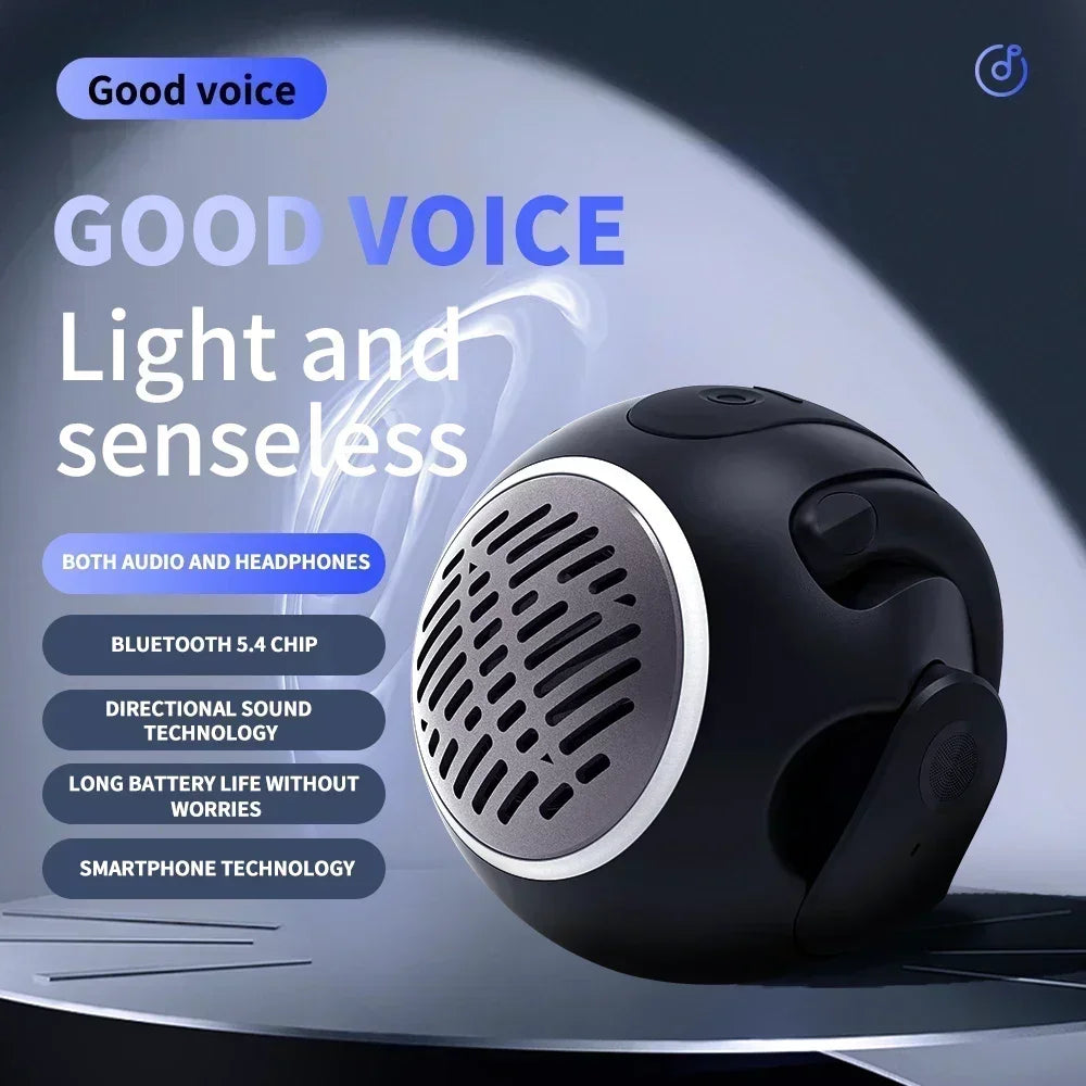 A black wireless Bluetooth speaker or headphone is shown against a gray background with text highlighting its features.