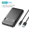 A black hard drive enclosure for a 6TB SATA HDD, featuring a Type-C cable and USB C connector.