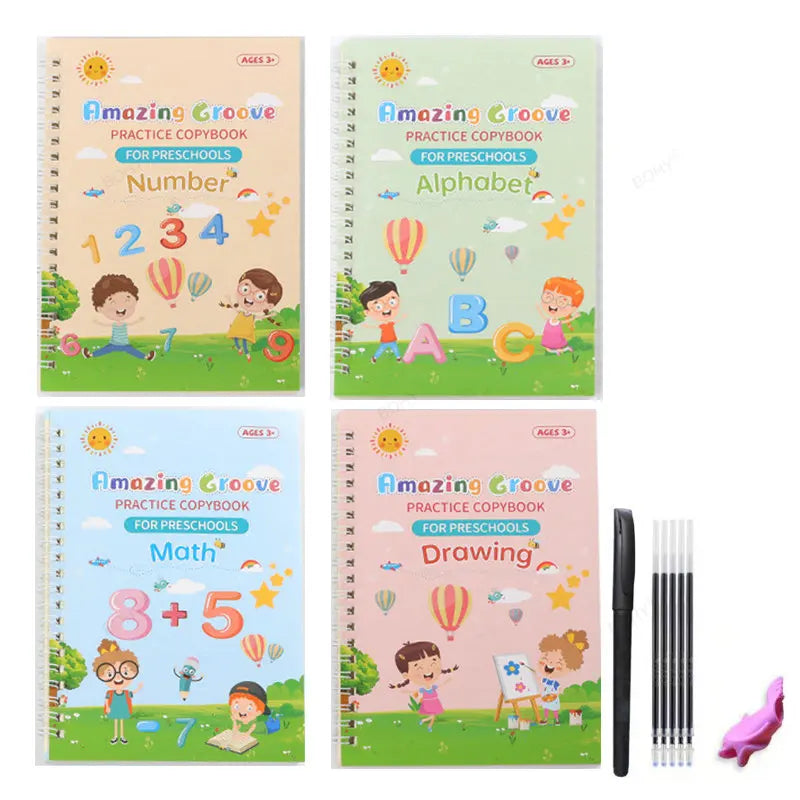A set of Amazing Groove practice copybooks for preschoolers featuring number, alphabet, and drawing activities.