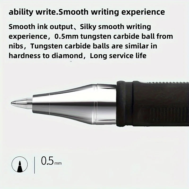 A close-up view of a silver precision gel pen with a black barrel and a gold-tipped nib.