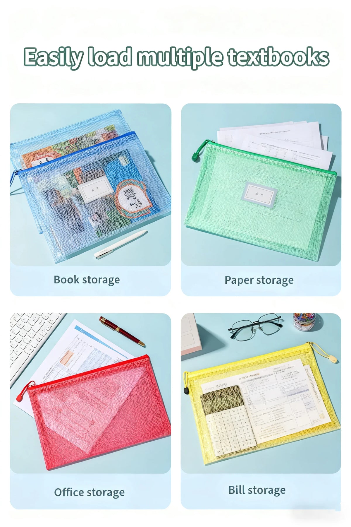Una colección de bolsas de almacenamiento variadas, incluyendo para libros, papel, oficina y recibos.