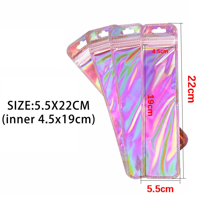 Iridescent self-sealing jewelry pouches with a resealable zip lock shown in a transparent packaging display.