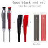 A set of six black and red metal carpenter pencils with built-in sharpener caps and a box.