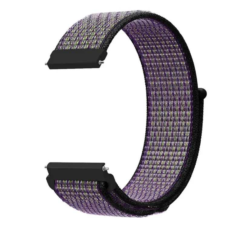 A purple nylon loop watch strap with a black buckle and textured pattern.