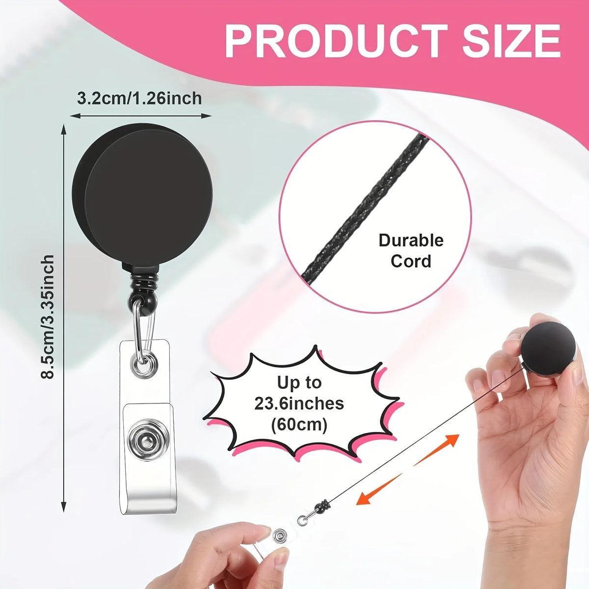 A hand is holding a retractable badge reel with a durable cord, showing its size and function.