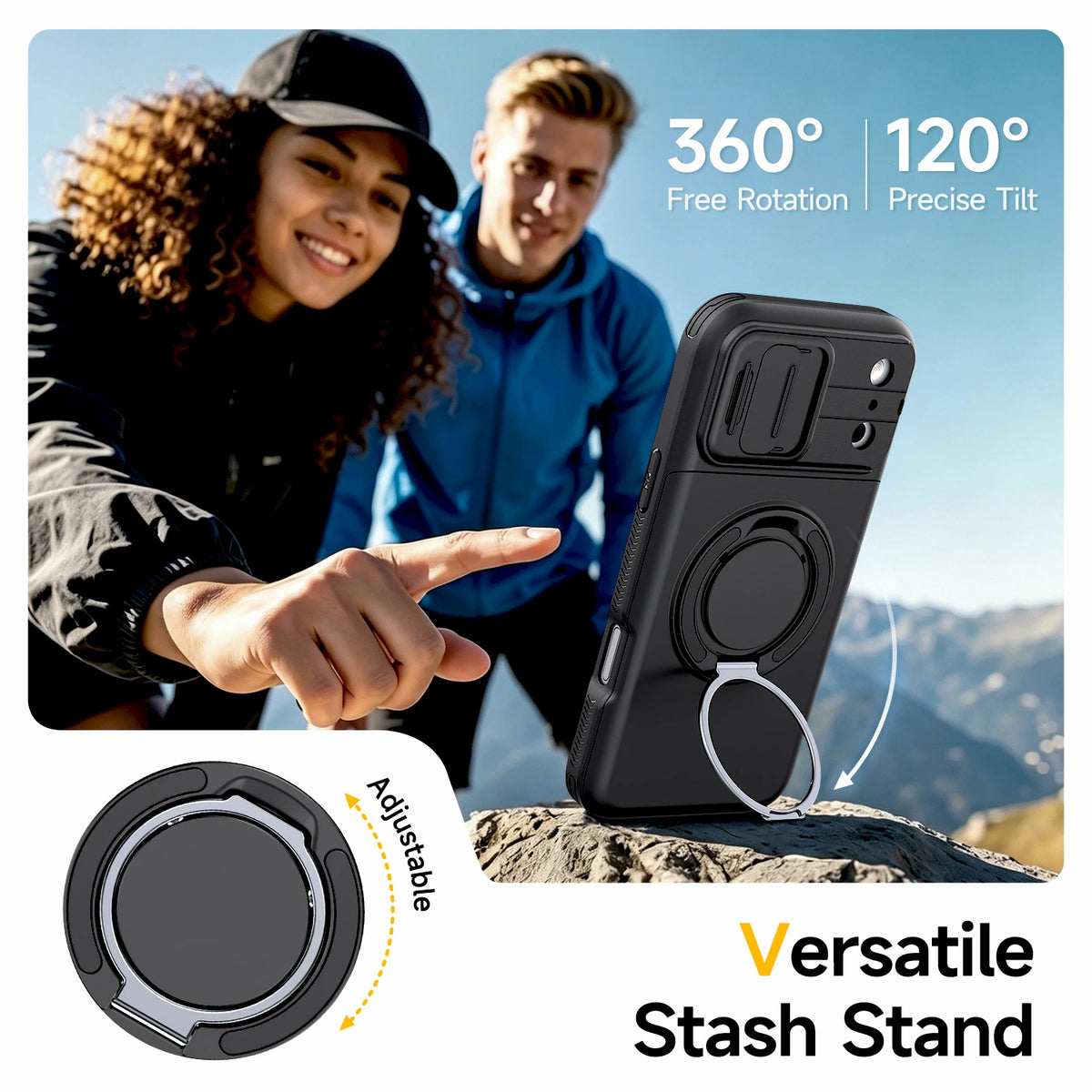 Schwarze Handyhülle mit Stand gezeigt, demonstriert 360-Grad-Rotation und 120-Grad-Neigung.