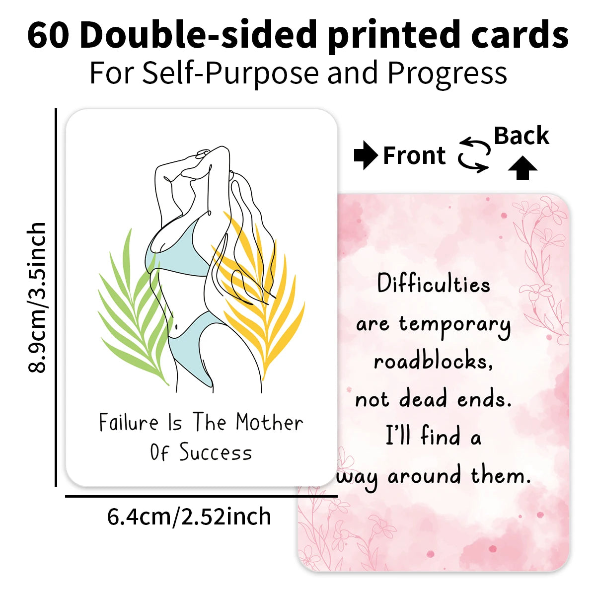A set of 60 double-sided printed cards for self-purpose and progress featuring a design with the text Failure Is The Mother O