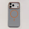 A gray phone case with an orange circular design and a camera module visible on the back.
