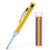 A yellow and blue mechanical pencil set with a sharpener and lead is shown diagonally.