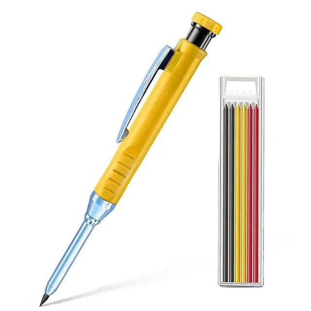 A yellow and blue mechanical pencil set with a sharpener and lead is shown diagonally.