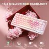 A pink mechanical keyboard with 16.8 million RGB backlight is displayed in a red box surrounded by pink roses.