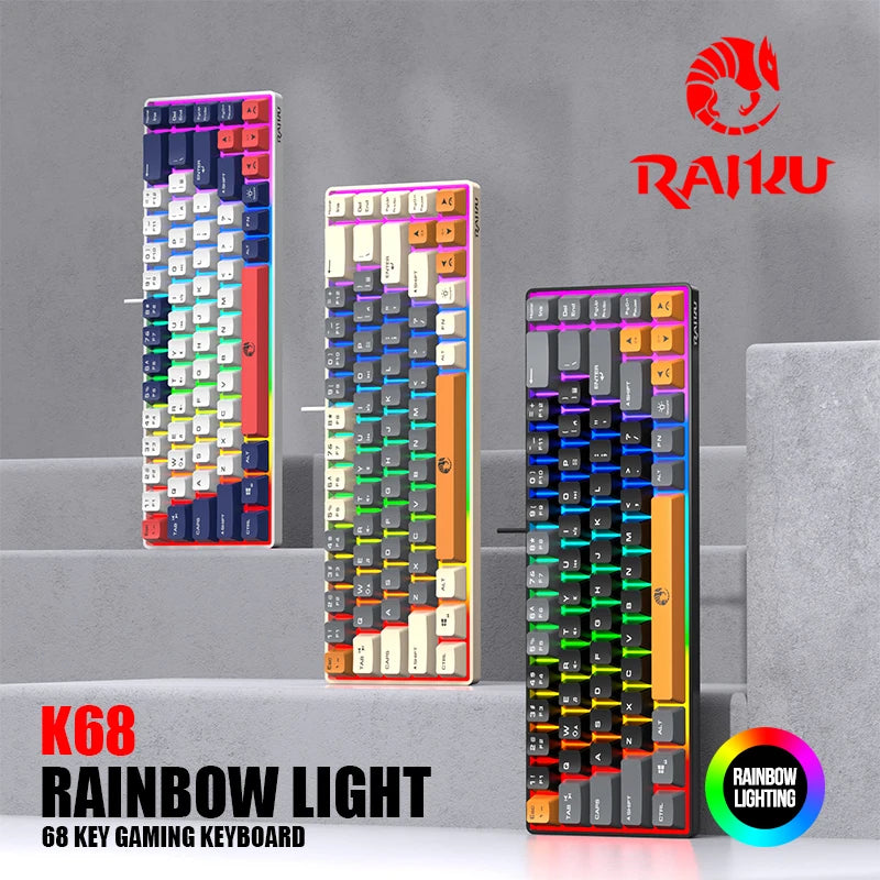A close-up view of a K68 Rainbow Light 68 key gaming keyboard with colorful RGB backlighting displayed on a gray surface.
