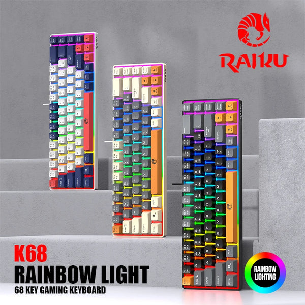 A close-up view of a K68 Rainbow Light 68 key gaming keyboard with colorful RGB backlighting displayed on a gray surface.