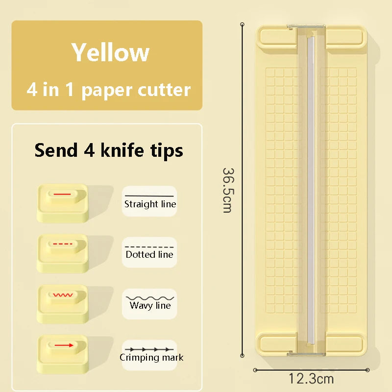 Yellow 4 in 1 paper cutter with interchangeable knife tips including straight line, dotted line, wavy line, and crimping mark