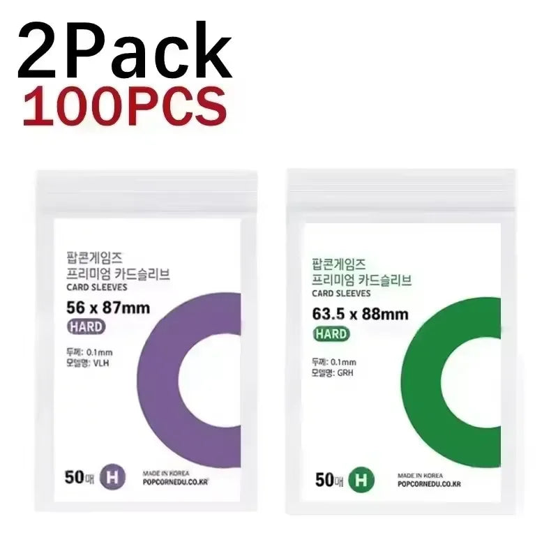 A pack of 100 pieces of transparent protective card sleeves in purple and green colors.