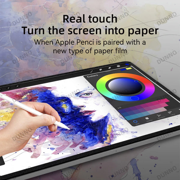 A hand draws on a screen protector film, demonstrating how Apple Pencil turns the screen into paper.