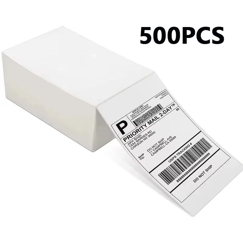 A white box containing 500 thermal shipping labels ready to print.