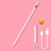A pink precision active stylus pen is shown diagonally against a pink background with accessories like a gift box and chargin