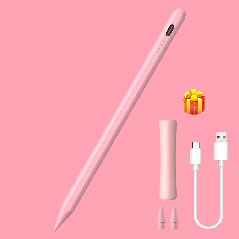 A pink precision active stylus pen is shown diagonally against a pink background with accessories like a gift box and chargin