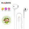 White wired Bluetooth earphones with a detachable microphone and charging cable for iPhone