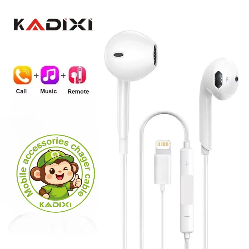 White wired Bluetooth earphones with a detachable microphone and charging cable for iPhone
