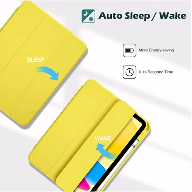 Yellow hybrid protective case for an iPad, showing auto sleep/wake features.