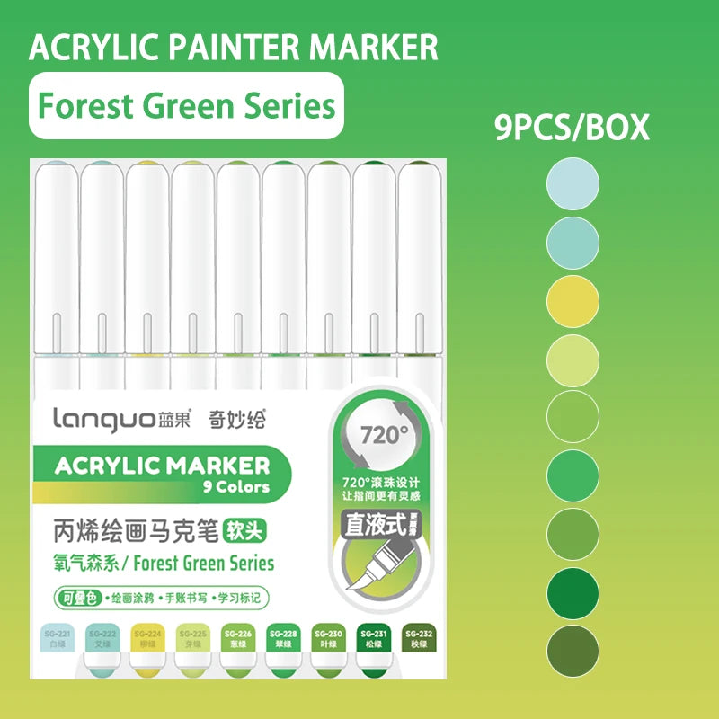 A box of Lanquo Acrylic Paint Markers in the Forest Green Series featuring 9 colors and a 720 degree tip.