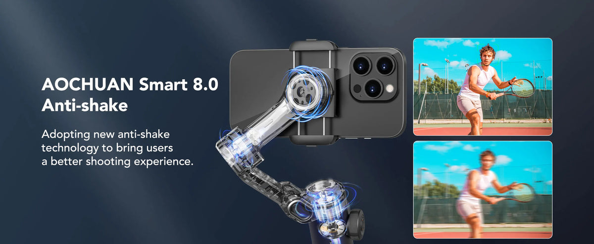 A close-up view of the AOCHUAN Smart 8.0 anti-shake gimbal stabilizer mounted on a smartphone.