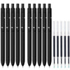 A set of ten black gel pens with refills arranged in a row.