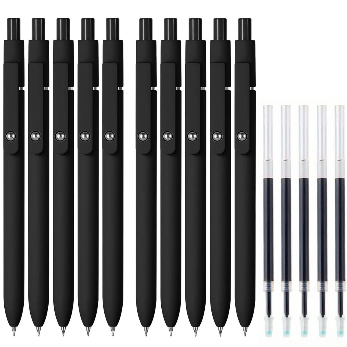 A set of ten black gel pens with refills arranged in a row.