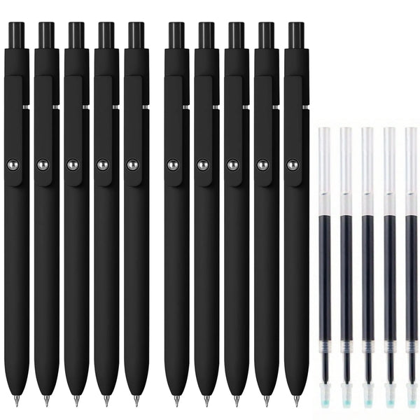 A set of ten black gel pens with refills arranged in a row.