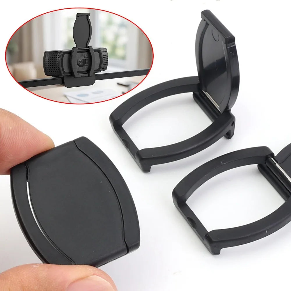Black privacy lens cover for a webcam shown with an inset diagram and separate components.