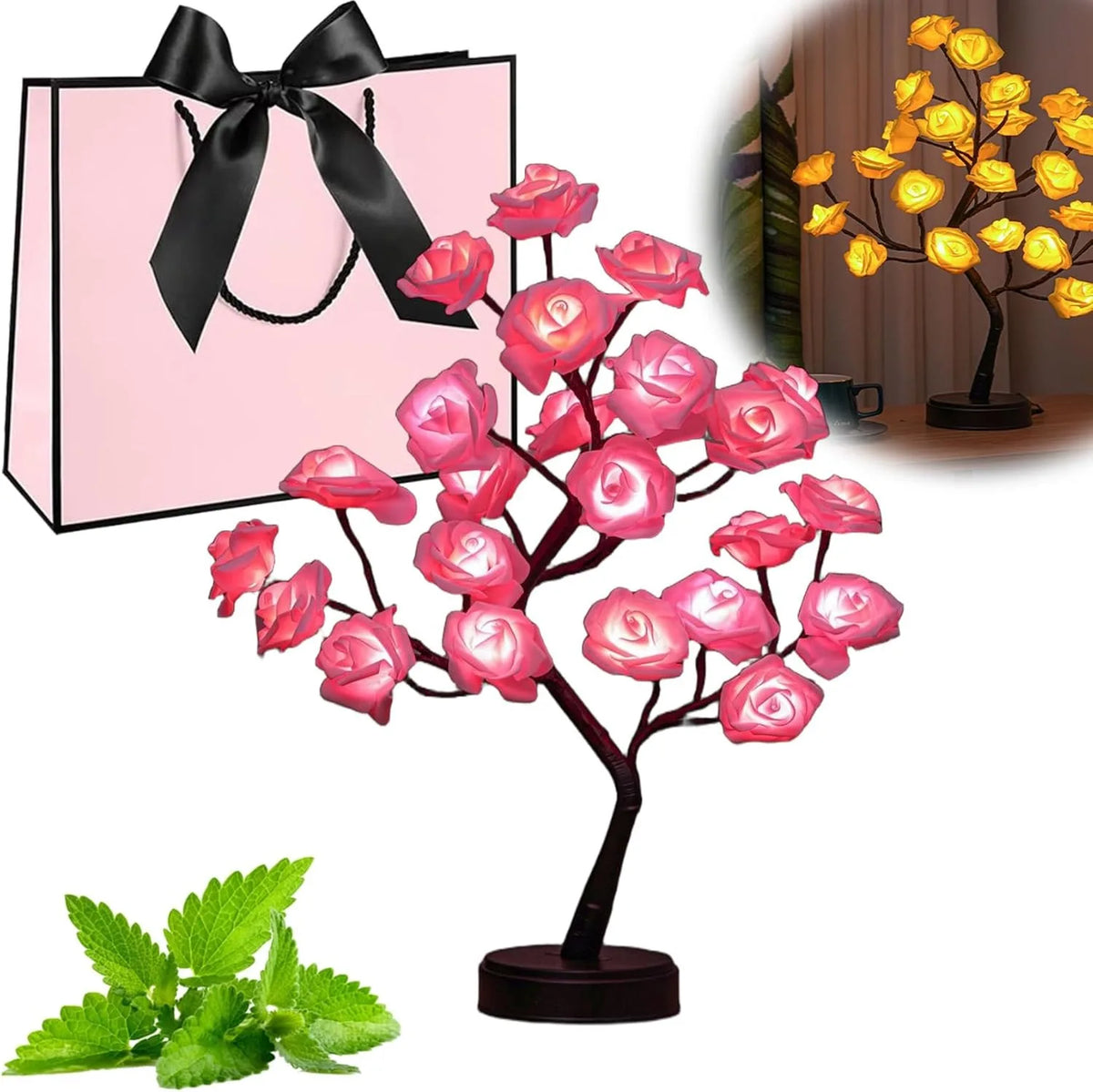 Pink rose tree LED night light with pink blossoms and green leaves displayed next to a pink gift bag.